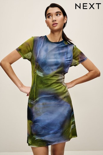 Blue/Green Blur Print Mesh Corset Detail Mini Dress (N57051) | £28