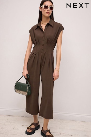 Chocolate Brown Corset Detail Short Sleeve Jumpsuit (N57394) | £52