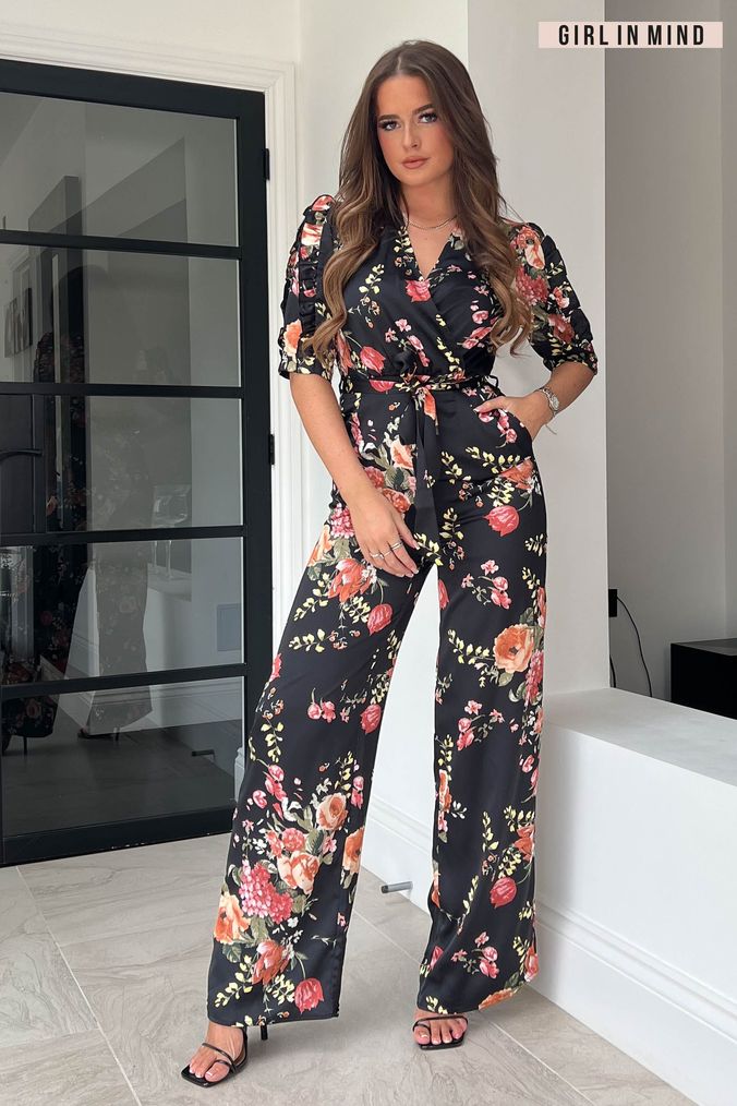 Navy And Blush Floral Wrap Front Belted Jumpsuit – AX Paris