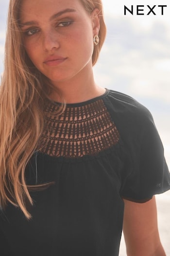 Black Short Sleeve Crochet Bubblehem Top (N57448) | £12.50