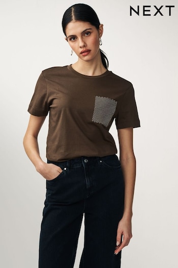 Brown Short Sleeve Embellished Pocket T-Shirt (N57450) | £26