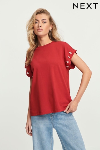 Red Sparkle Pearl Sleeve T-Shirt (N57467) | £32