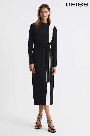 Reiss Black/White Millie Contrast Stripe Belted Midi Dress (N57491) | £248