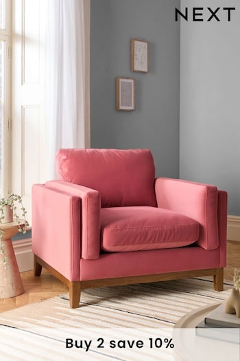 Soft Velvet Raspberry Pink Bennett Wooden Arm Chair (N57543) | £450