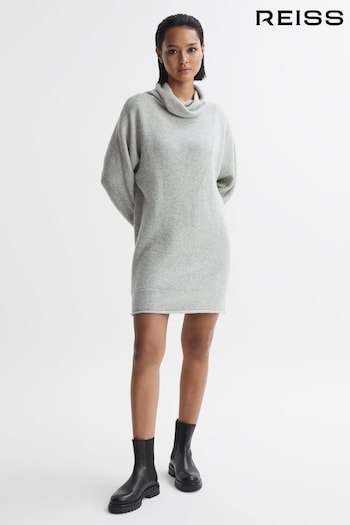 Reiss Soft Grey Sami Oversized Wool Blend Cowl Neck Mini Dress (N57617) | £168