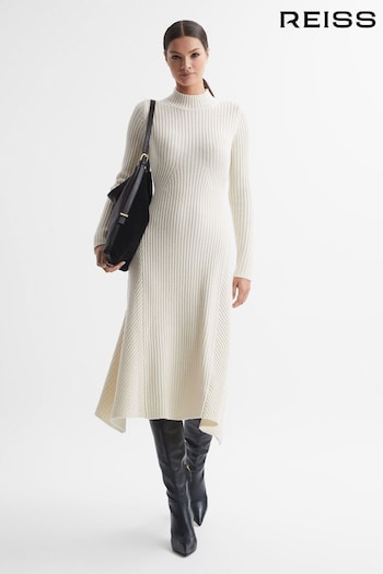 Reiss Cream Kris Wool Blend Bodycon Midi Dress (N57619) | £198