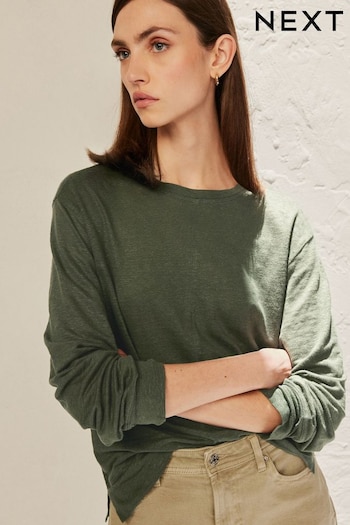 Khaki Green 100% Linen Long Sleeve Crew Top (N57621) | £34