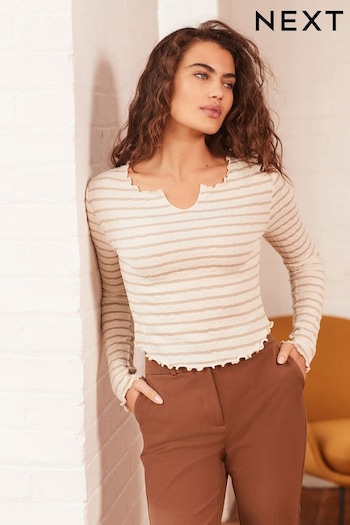 Brown/White Notch Front Long Sleeve Textured Stripe Top (N57622) | £27