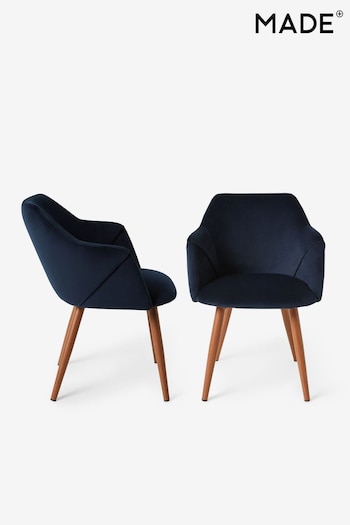 MADE.COM Set of 2 Dark Blue and Walnut Legs Lule Arm Dining Chairs (N57625) | £299