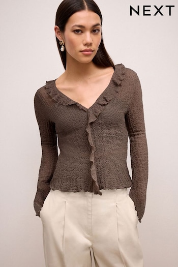 Brown Textured Ruffle Front Top (N57628) | £32
