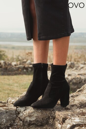 Novo Black Regular Fit Kellan Block Heel Sock Ankle Boots (N57651) | £38