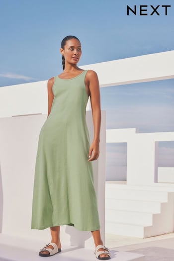 Sage Green 100% Cotton Jersey Sleeveless Summer Dress (N57679) | £26