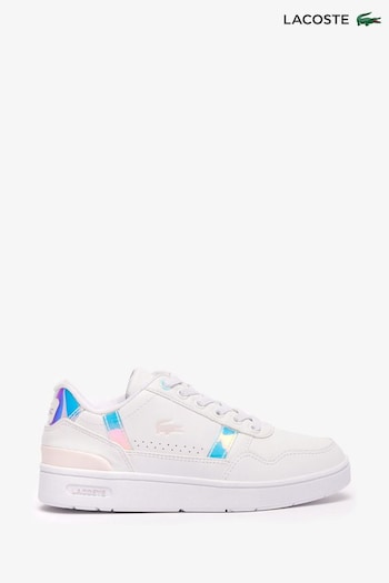 Lacoste mulher Kids White Metallic T-Clip Leather Trainers (N57878) | £70