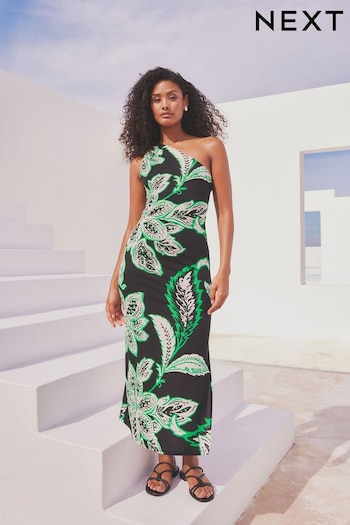 Black/Green Floral One Shoulder Twist Summer Dress (N57924) | £34