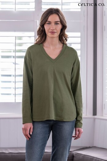 Celtic & Co. Green Organic Cotton Button Side Jersey V-Neck Top (N58055) | £75