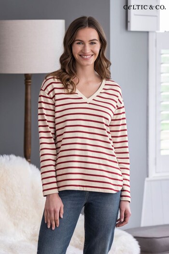 Celtic & Co. Red Organic Cotton Button Side Jersey V-Neck Top (N58056) | £78