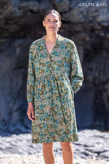 Celtic & Co. Blue Printed Button Front Knee Length Dress (N58060) | £67