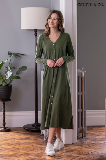 Celtic & Co. Green Organic Cotton Long Sleeve Button Front Midi Dress (N58063) | £85
