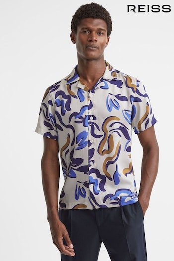 Reiss White Multi Scout Abstract Print Cuban Collar Shirt (N58228) | £98