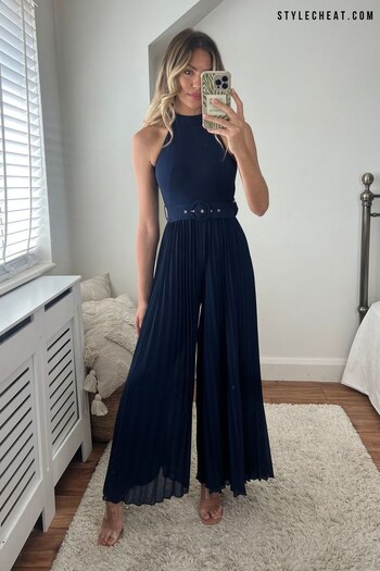 Style Cheat Blue Edie Belted Pleated Jumpsuit (N58346) | £75