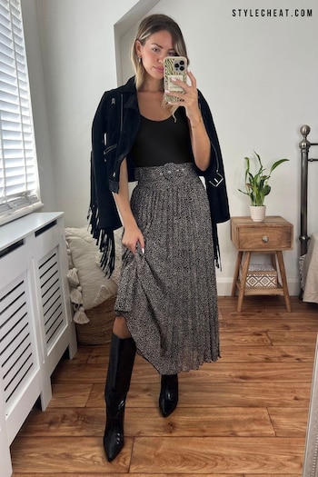 Style Cheat Black Pebble Print Demi Belted Pleated Midi Skirt (N58347) | £45