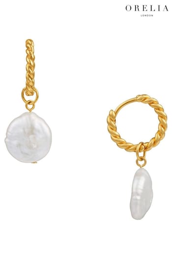 Orelia London Gold Plated Flat Pearl & Rope Hoops Earrings (N58603) | £28