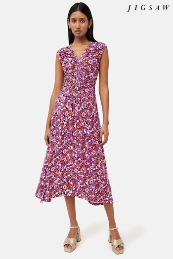 Jigsaw Purple Vintage Floral Ruched Dress (N58631) | £135
