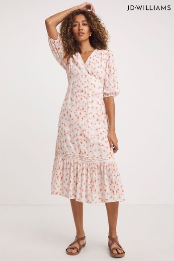 JD Williams White Floral Crinkle Tea Dress KLEIN With Crochet Trim (N58653) | £48