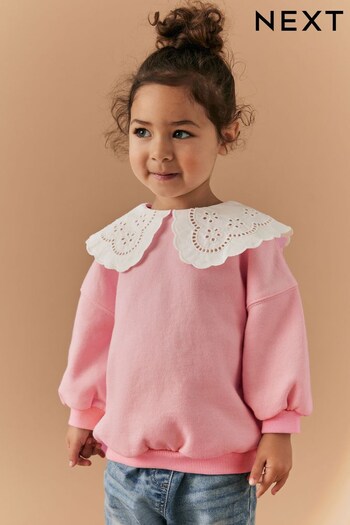 Pink Broderie Collar Crew Sweatshirt (3mths-7yrs) (N58768) | £10 - £12