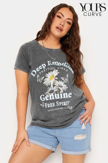 Yours Curve Grey Acid Wash Printed T-Shirt (N59063) | £25