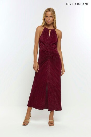 River Island Red Plisse Ruched Front Midi Dress (N59177) | £47