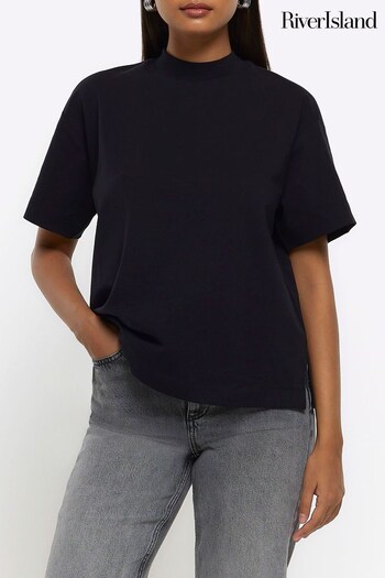 River Island Black High Neck Jersey T-Shirt (N59186) | £25