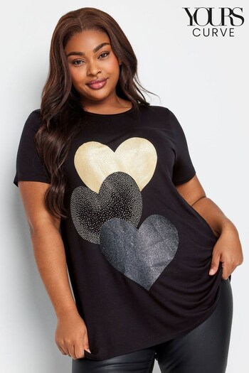 Yours Curve Black Glitter Printed Embellished T-Shirt (N59296) | £24