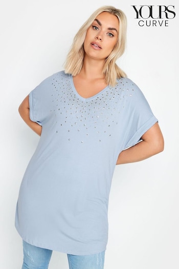 Yours Curve Blue Sequin And Glitter Printed V-Neck T-Shirt (N59320) | £24