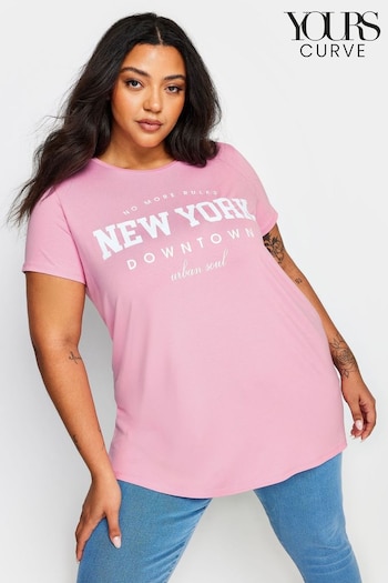 Yours Curve Pink 'New York' Slogan T-Shirt (N59322) | £24