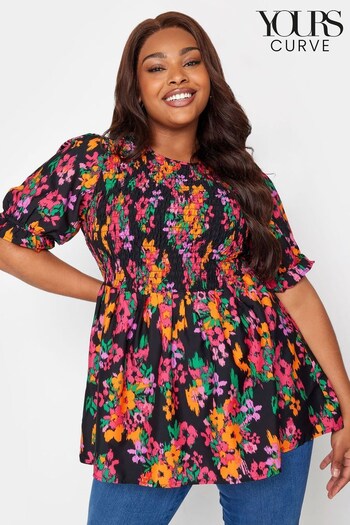 Yours Curve Black Smudge Floral Limited Shirred Puff Sleeve Top (N59328) | £26