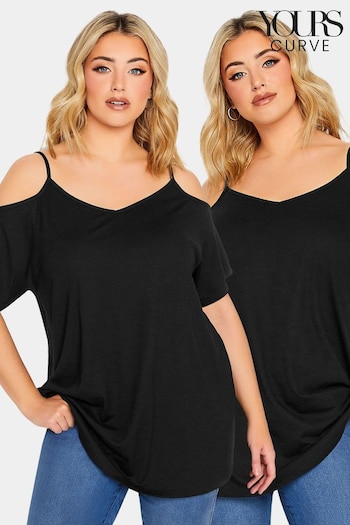 Yours Curve Black 2 Pack Strappy Cold Shoulder Tops (N59330) | £25