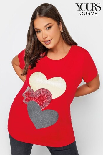 Yours Curve Red Glitter Printed Embellished T-Shirt (N59332) | £24