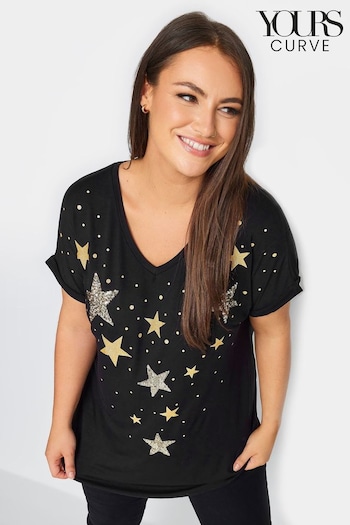 Yours Curve Black Sequin And Glitter Printed V-Neck T-Shirt (N59333) | £24