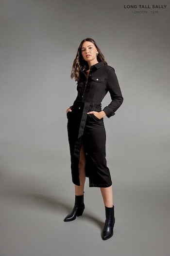 Long Tall Sally Black Denim Button Through Midi Dress (N59338) | £43