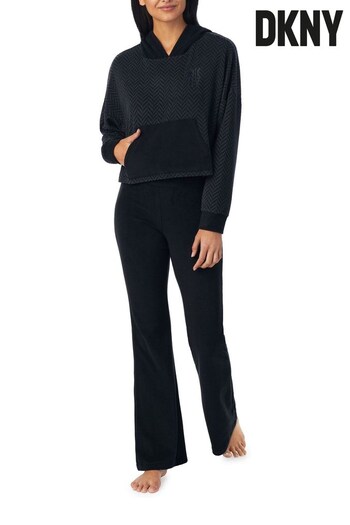 DKNY 'Endless Possibilities' Long Sleeve Cropped Black Hoodie & Jogger Lounge Pyjama Set (N59346) | £99