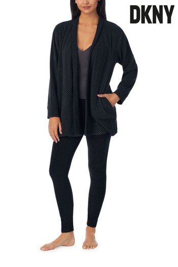 DKNY 'Endless Possibilities' Long Sleeve Fleece Cardigan and Leggings Lounge Black Pyjama Set (N59348) | £99
