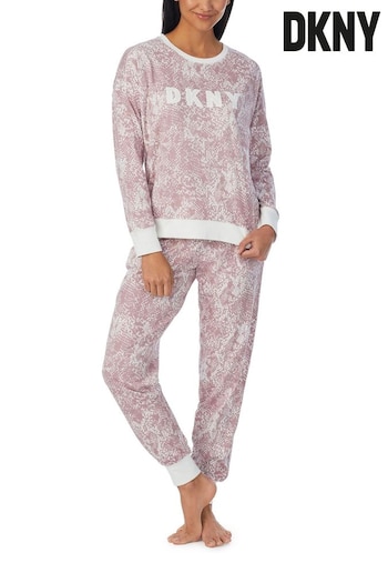 DKNY Pink Fashion Signature Long Sleeve Top and Joggers Pyjamas Set (N59351) | £89