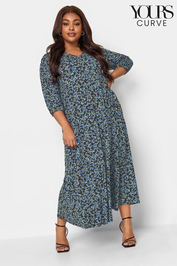 Yours Curve Blue Pleated Front Balloon Sleeve Dress cargo (N59378) | £33