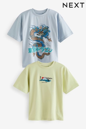 Blue/Green Japanese Graphic Short Sleeve T-Shirts tattoo-print 2 Pack (3-16yrs) (N59462) | £14 - £20