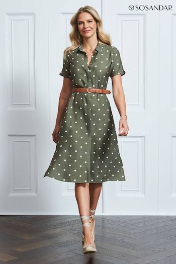 Sosandar Green Spot Print Short Sleeve Tie Waist Shirt Dress (N59691) | £75