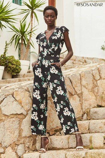 Sosandar Black Floral Print Wrap Front Culotte Jumpsuit (N59723) | £75