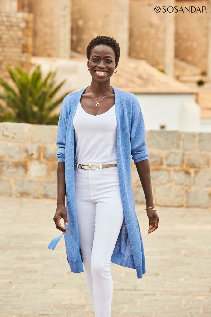 Long blue shop cardigan outfit