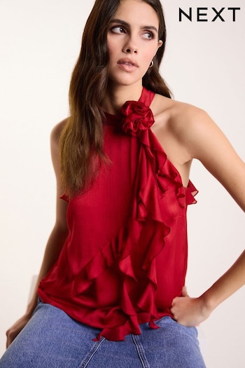Red Corsage Neck Ruffle Front Detail Sleeveless Blouse (N59782) | £26