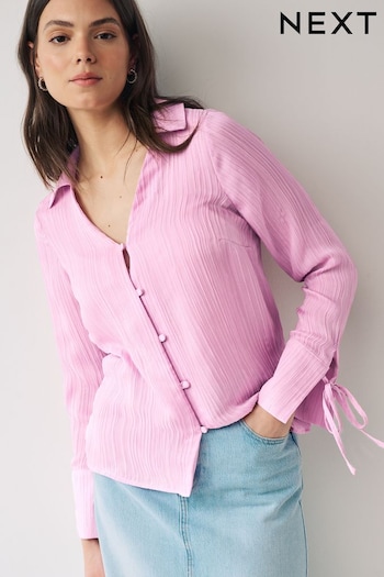 Pink Tie Sleeve Textured Collared V-Neck Blouse (N59806) | £26